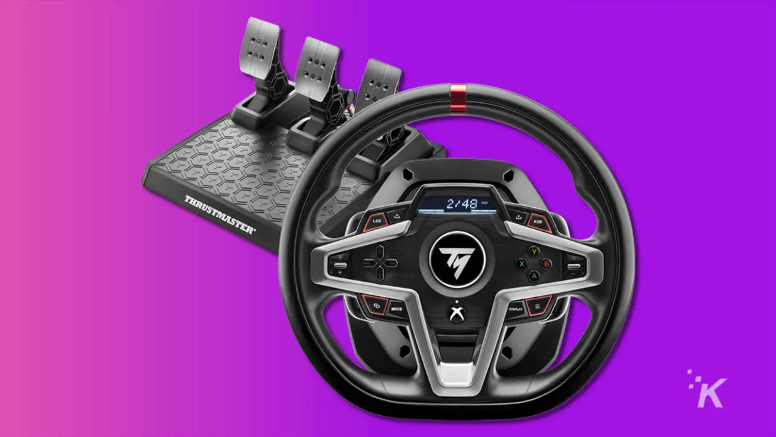 Thrustmaster T248 sim volant et pédales de course sur fond violet