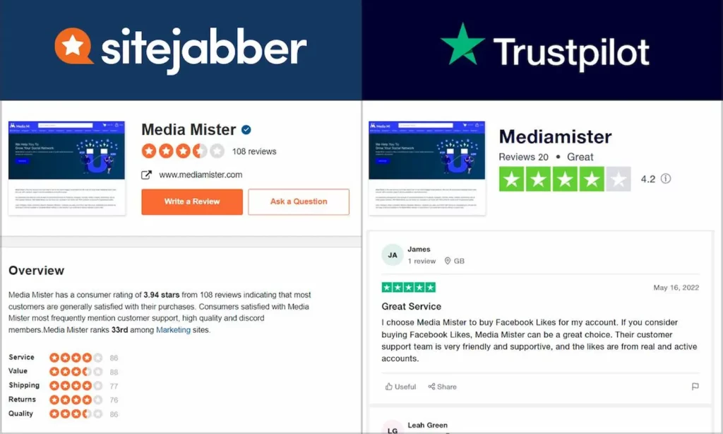 Media Mister のユーザー レビュー Sitejabber と Trustpilot のスクリーンショット