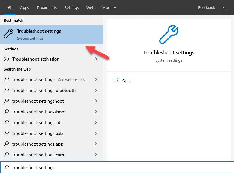 Search Troubleshoot Settings