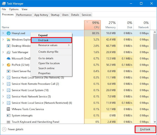 Finestra Task Manager - Termina operazione