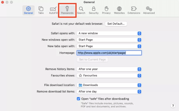 Switch to the Passwords tab - safari