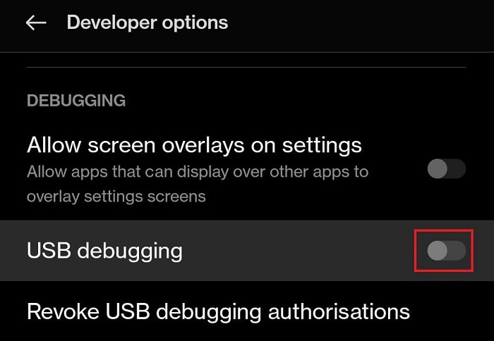 Debugging category and toggle on USB Debugging settings