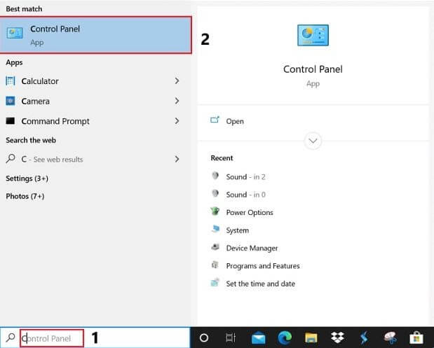 Type Control Panel in Search Box Of Windows