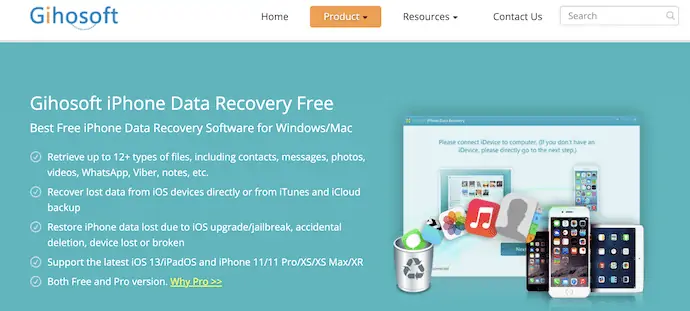 Página de inicio de recuperación de datos de iPhone de Gihosoft